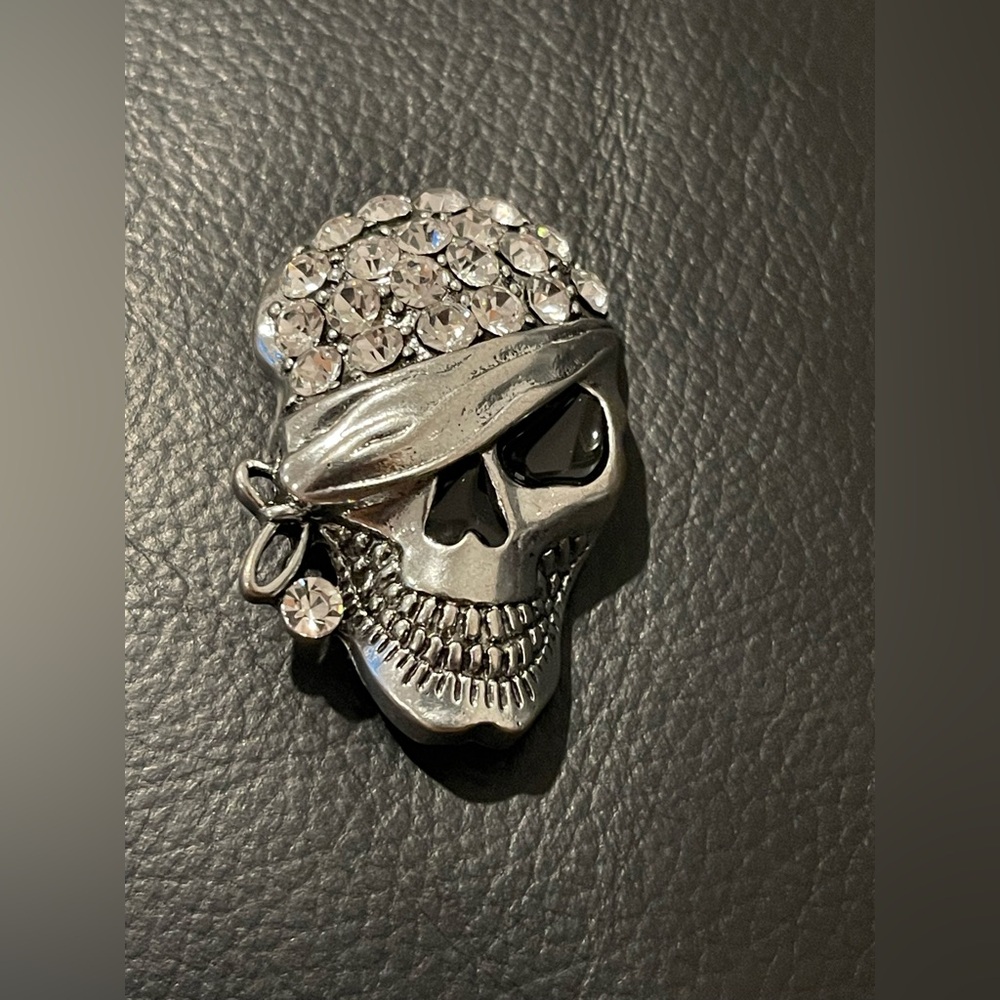 Crystal-Embellished Silver Skull Brooch